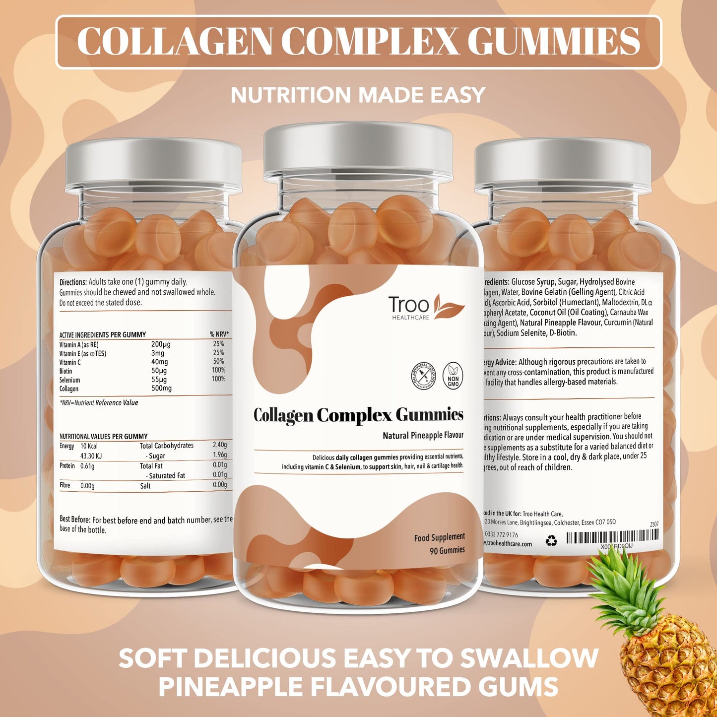 Hydrolysed Collagen Complex - 90 Natural Pineapple Flavour Chewable Gummies - One Per Day with Biotin, Vitamin C and Selenium