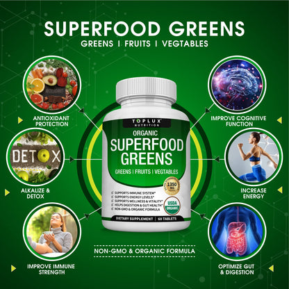 Organic Super Greens Capsules Superfood Fruit Veggie Supplement - 28 Powerful Natural