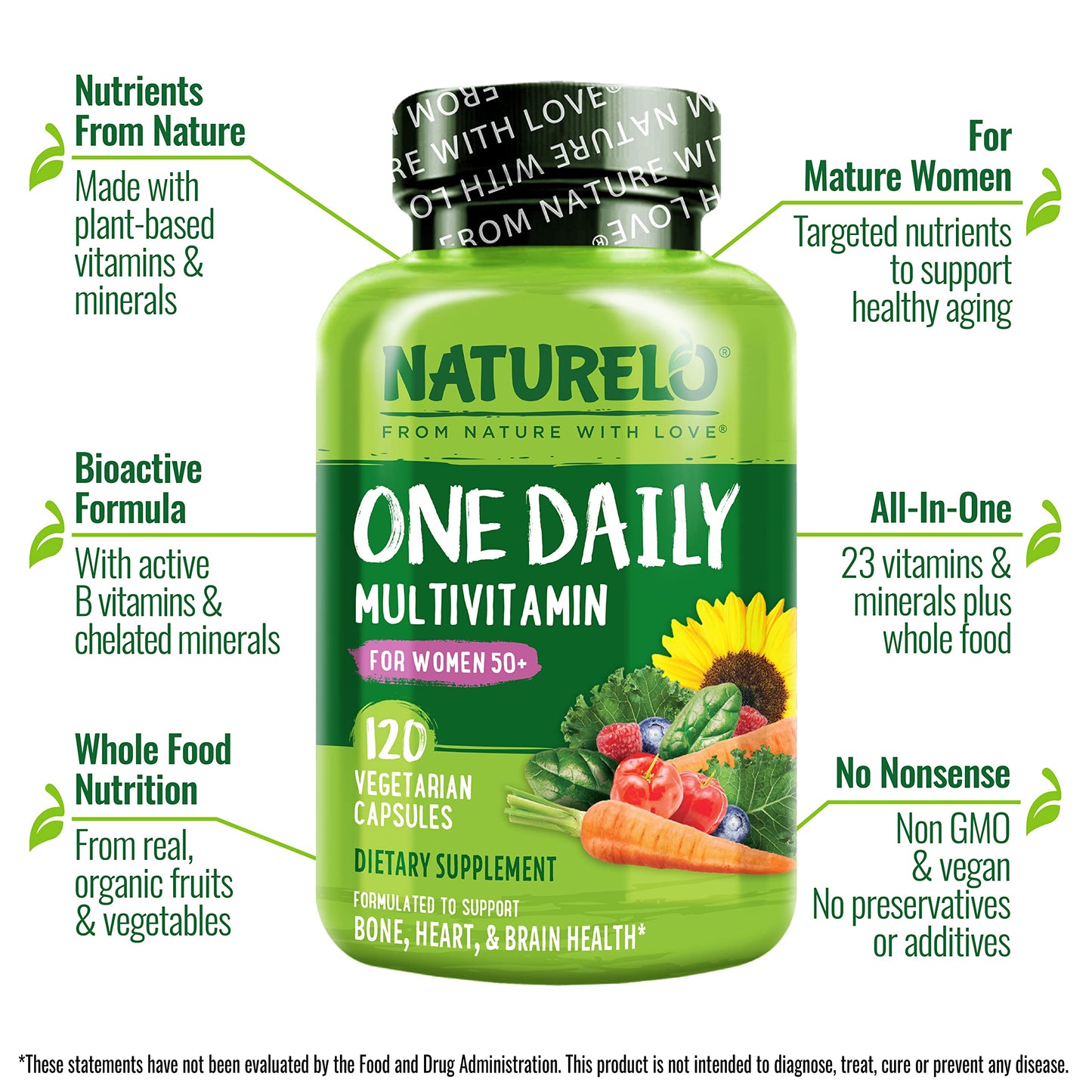 NATURELO One Daily Multivitamin for Women 50+ (Iron Free) - Menopause Support