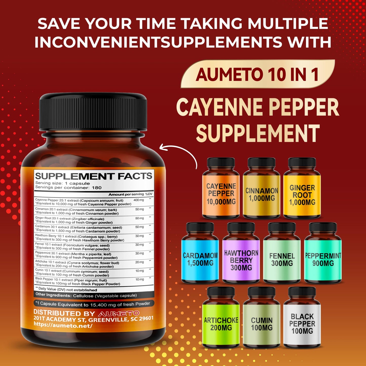 AUMETO Cayenne Pepper 15,400mg Ultra Complex with Cinnamon, Ginger Root, Cardamom