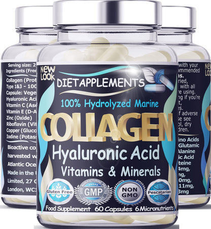 Marine Collagen Type 1&3 1000mg, Hyaluronic Acid 200mg/serving; Vitamin C, Zinc, Copper for Immune System