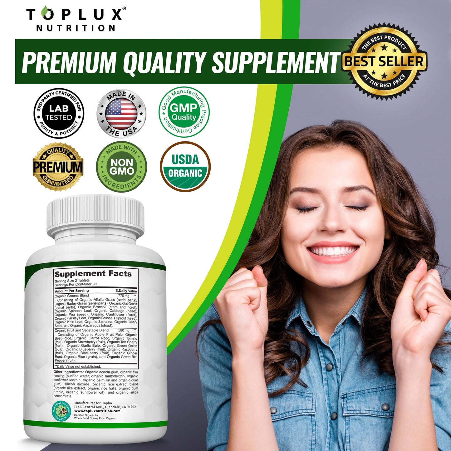 Organic Super Greens Capsules Superfood Fruit Veggie Supplement - 28 Powerful Natural