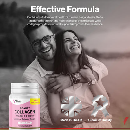 Vit Direct - Beauty Collagen Tablets (Plus Biotin) - 60 Tablets - Two Month Supply