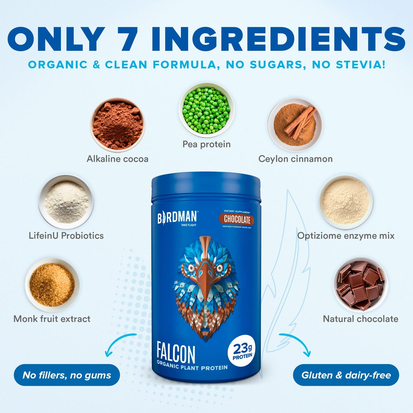 BIRDMAN Falcon Vegan Protein Powder Organic, Stevia & Sugar Free, Plant Based Protein