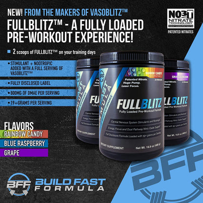 BFF Build Fast Formula FULLBLITZ Fully Loaded Pre-Workout | Energy Booster + Huge Dual Pathway Nitric Oxide Boosting Muscle Pumps, Laser Focus & Nootropic Blend – 24 Workouts (Rainbow Candy)