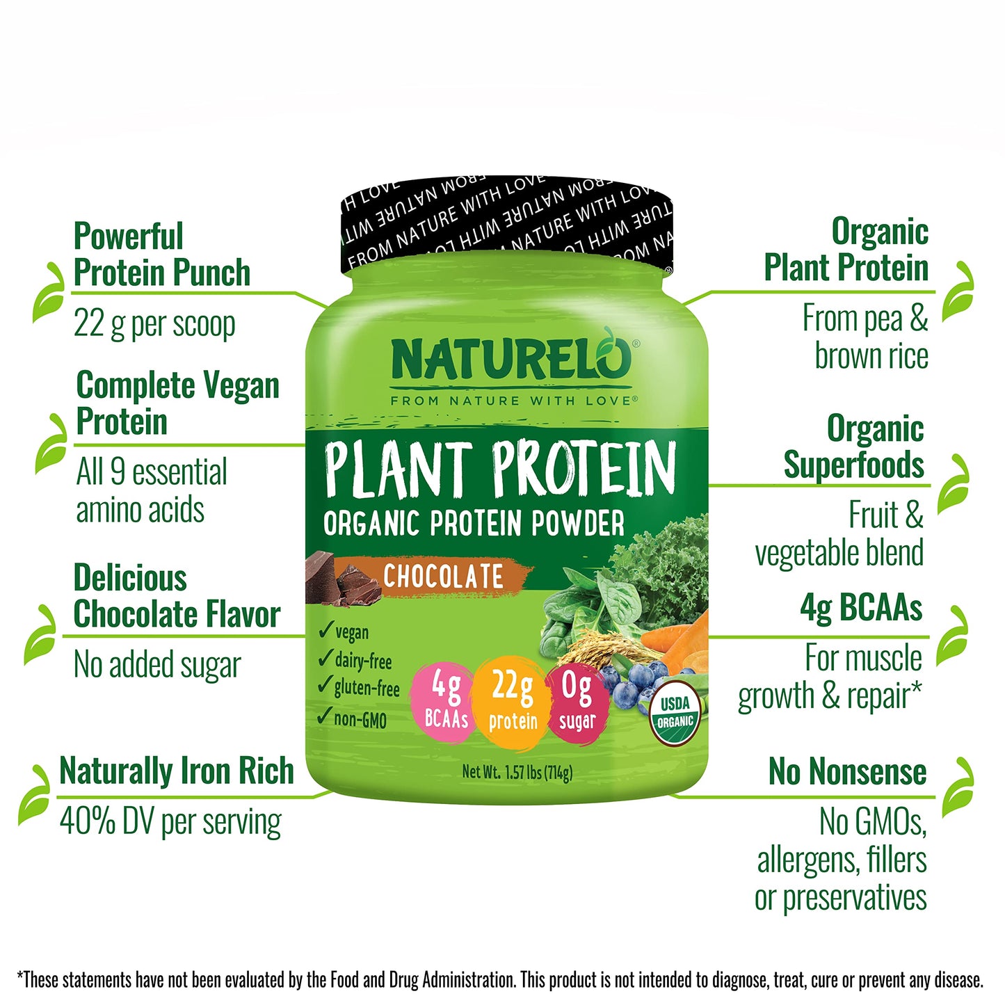 NATURELO Plant Protein Powder, Chocolate, 22g Protein - Non-GMO, Vegan, No Gluten