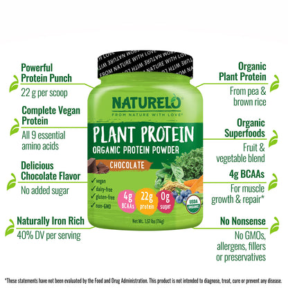 NATURELO Plant Protein Powder, Chocolate, 22g Protein - Non-GMO, Vegan, No Gluten