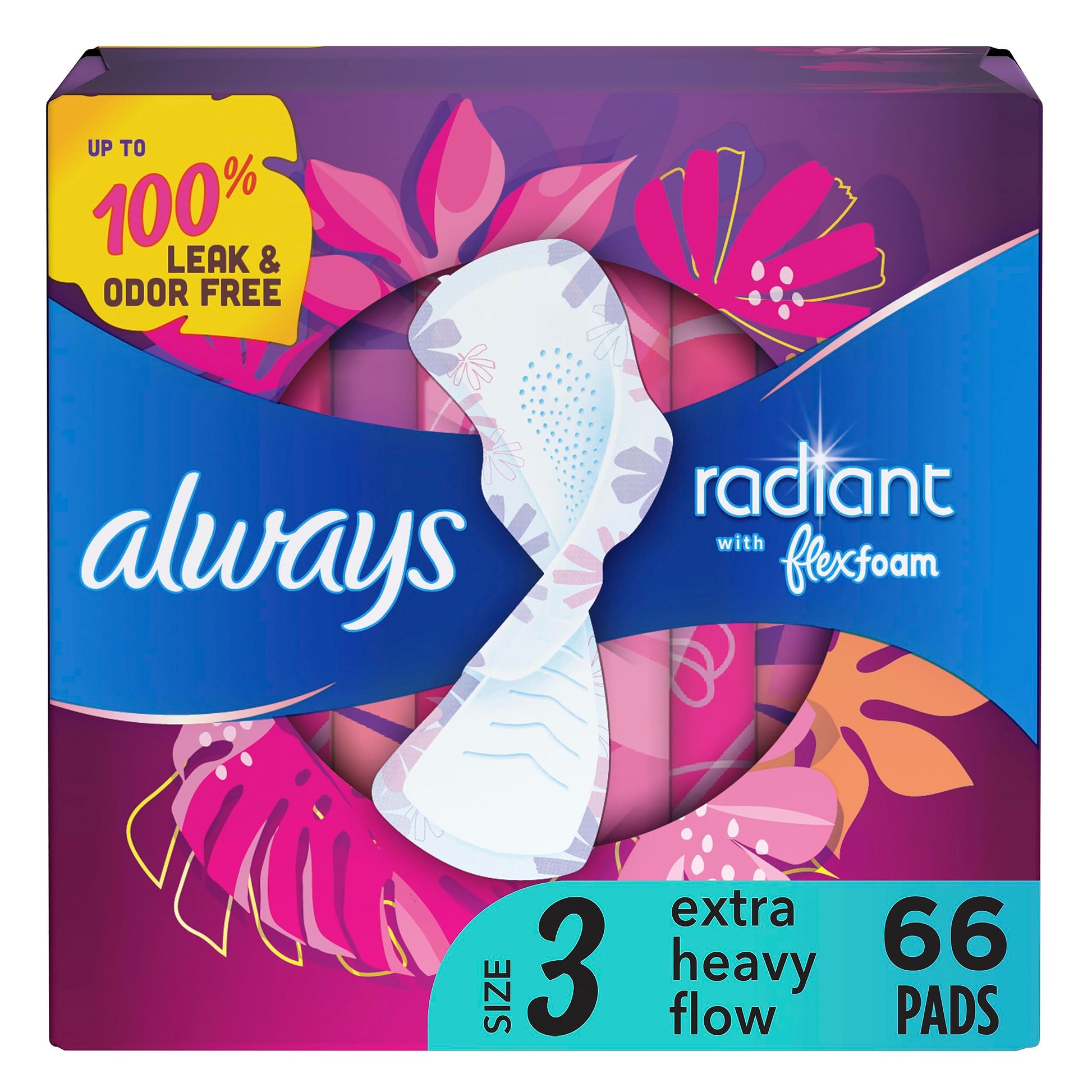 Always Radiant Feminine Pads For Women, Size 3 Extra Heavy Absorbency, With Flexfoam