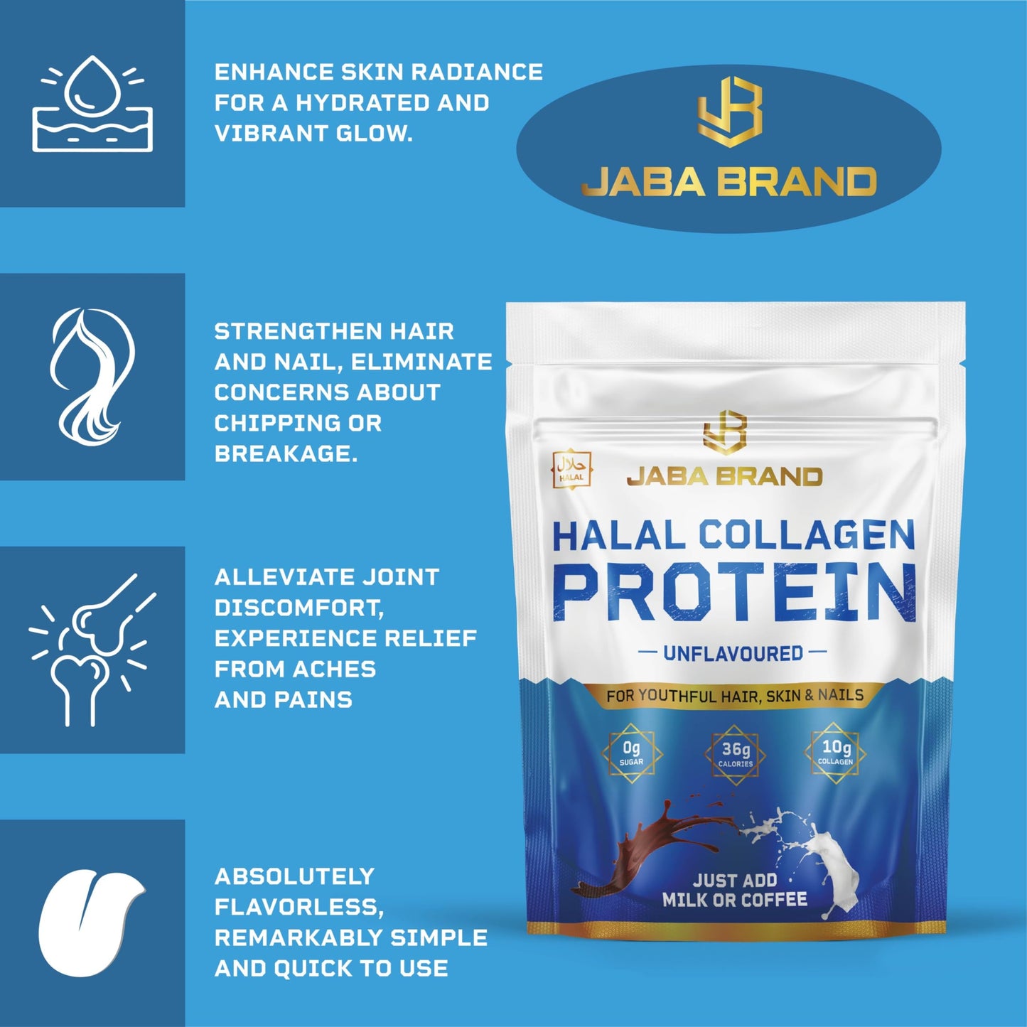 JABA BRAND - Halal Bovine Collagen Protein Powder for Hair, Nails, Joints and Skin