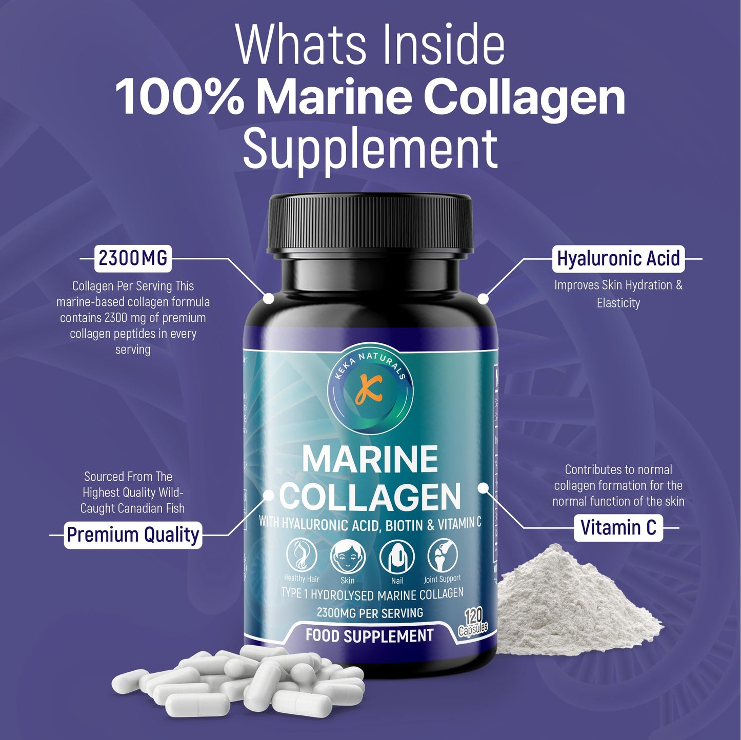 Hydrolysed Marine Collagen Peptides 2300mg - Enhanced with Hyaluronic Acid & Vitamin C