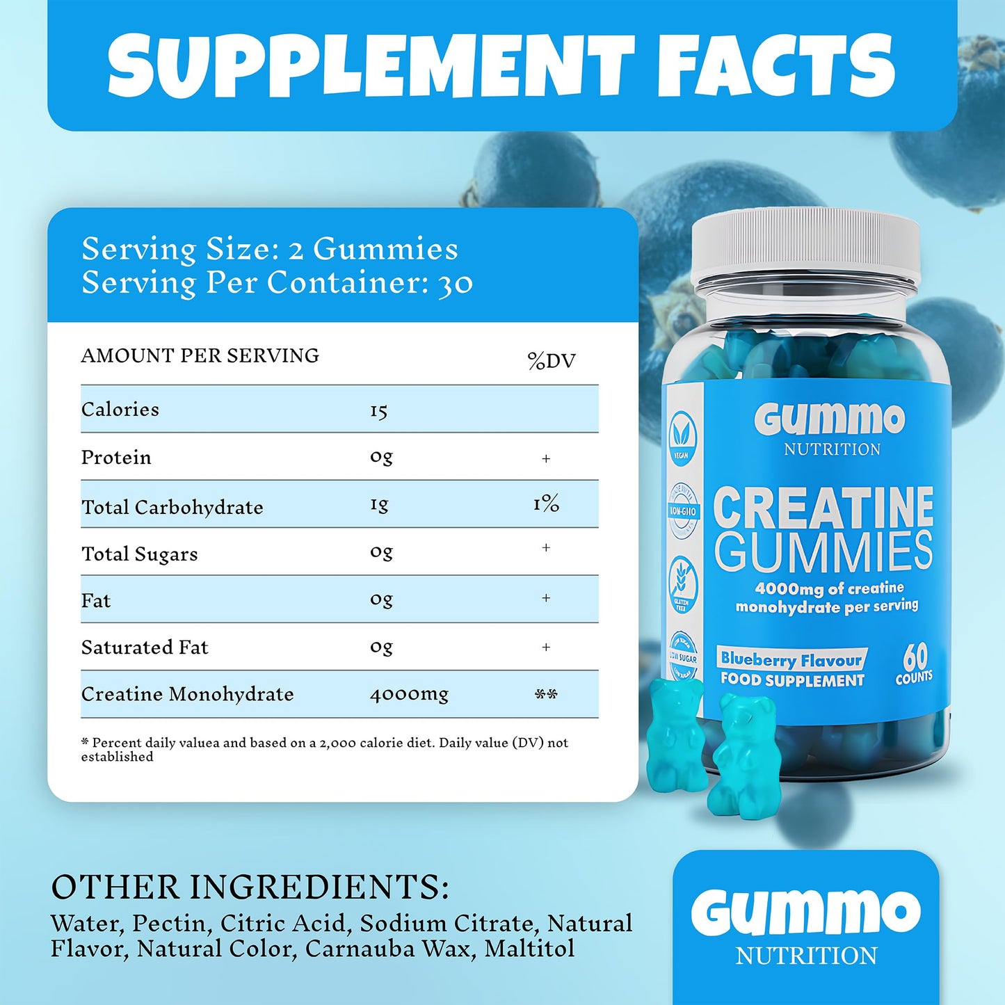 Creatine Monohydrate Gummies 4000mg for Men & Women - 60 Chewable Creatine