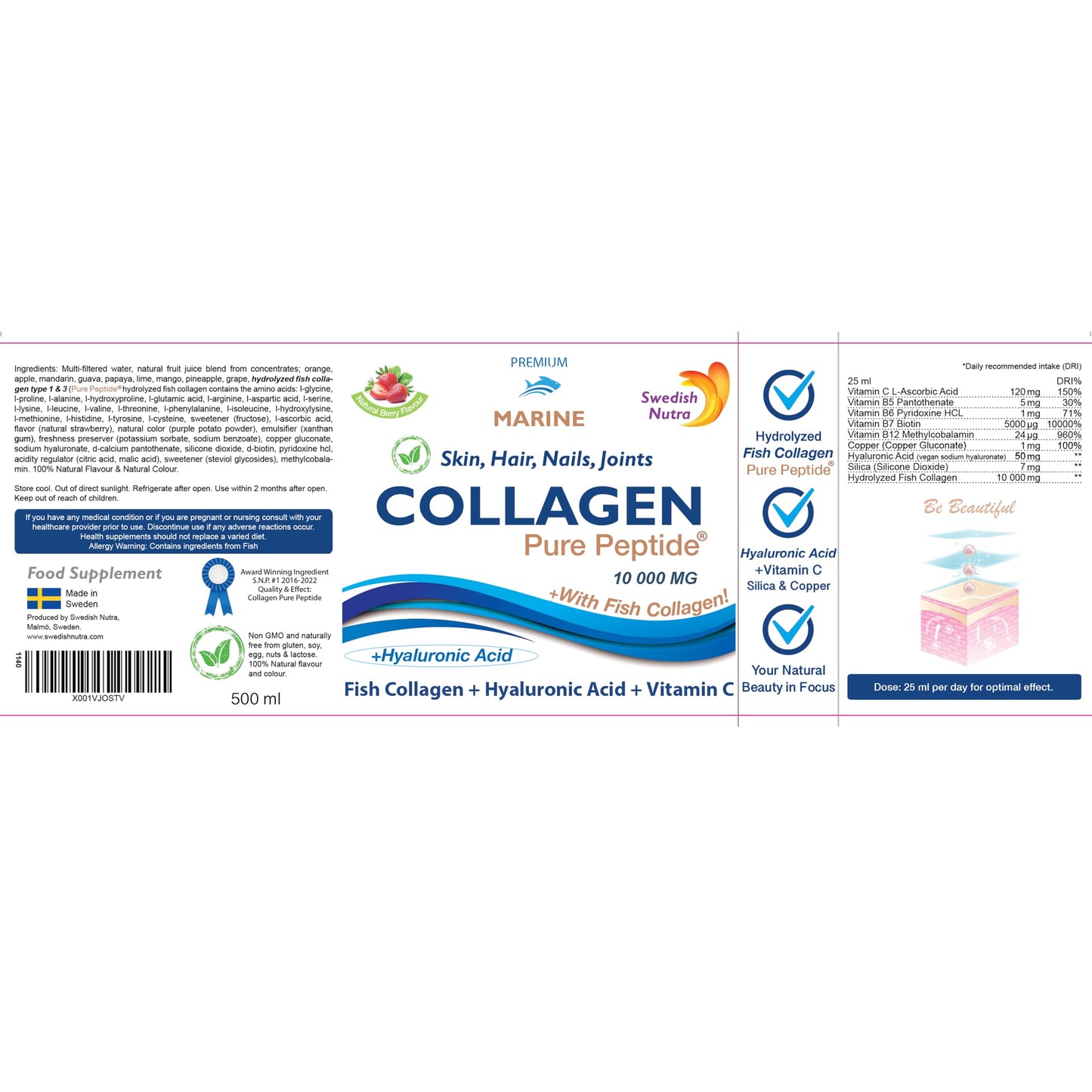 Marine Liquid Collagen 10000mg 500 ml I Pure Hydrolyzed Collagen Peptides