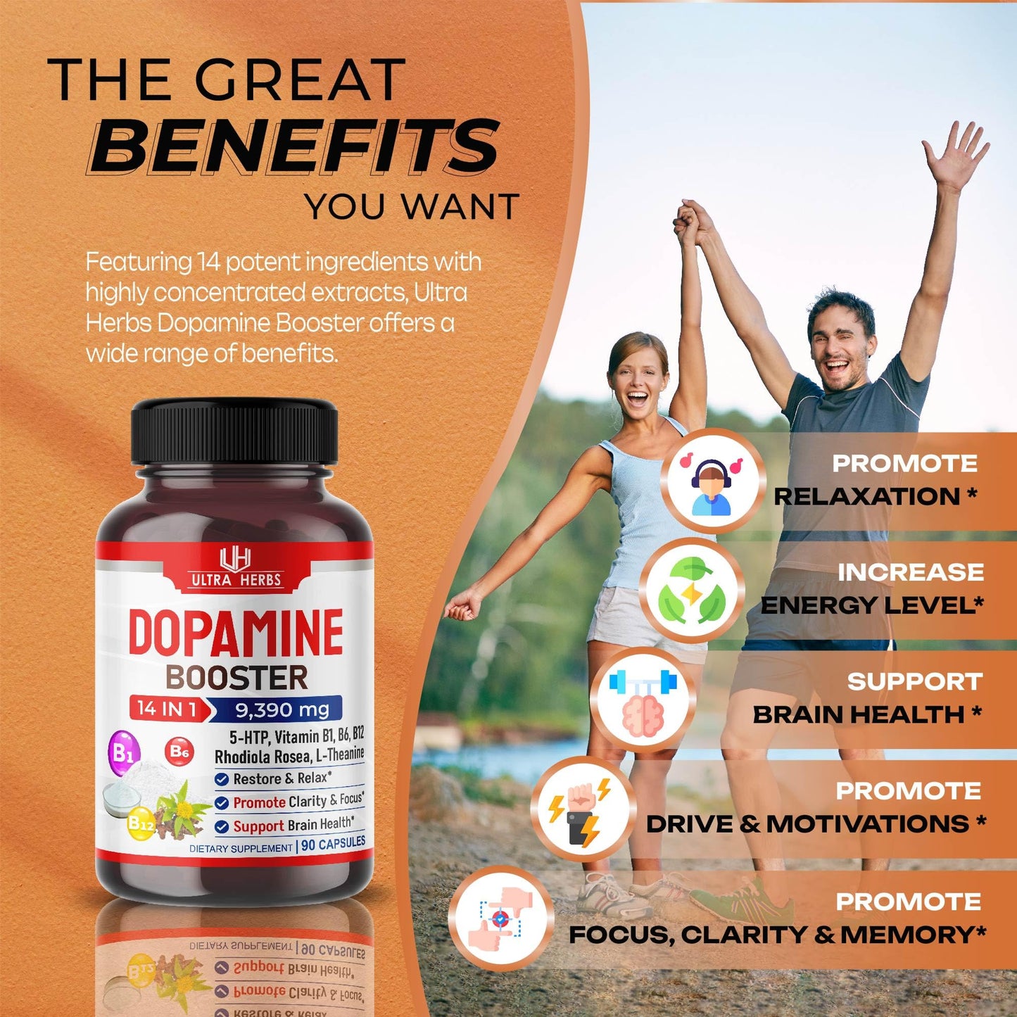 Dopamine Focus Supplement Ashwagandha 5000mg 5-HTP 50mg Rhodiola Rosea 2000mg