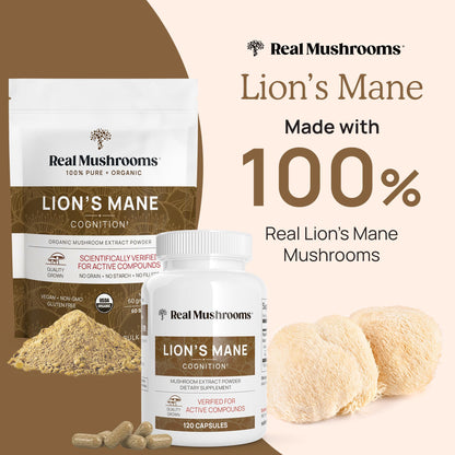 Real Mushrooms Lion’s Mane Powder - Organic Lions Mane Mushroom Extract