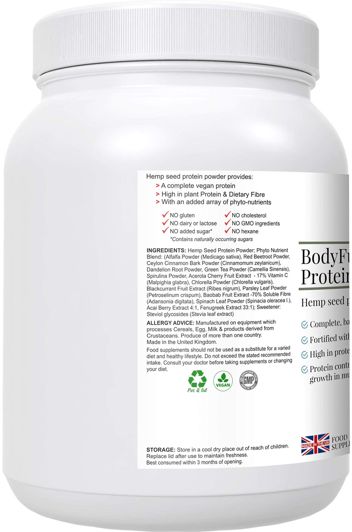 Complementary Supplements - BodyFuel Hemp Protein Powder Plus 14 Superfoods & Phytonutrients