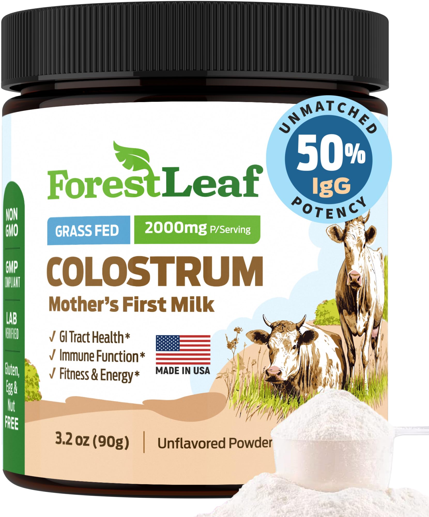 ForestLeaf Colostrum Powder 50% IgG Highest Concentration - Grass Fed Bovine 