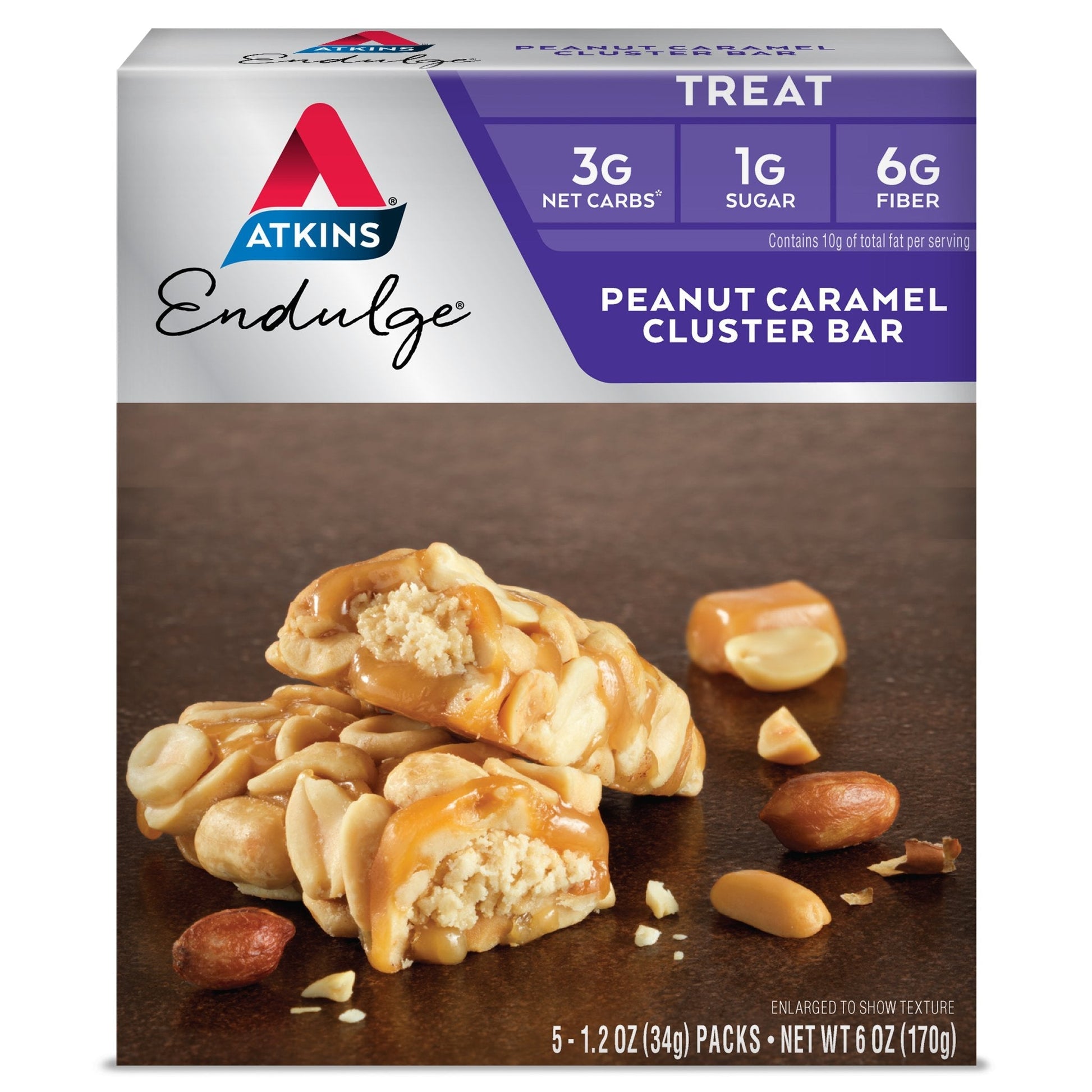 Atkins Peanut Caramel Cluster Bar, Dessert Favorite, High in Fiber, 3g Net Carb, 1g Sugar