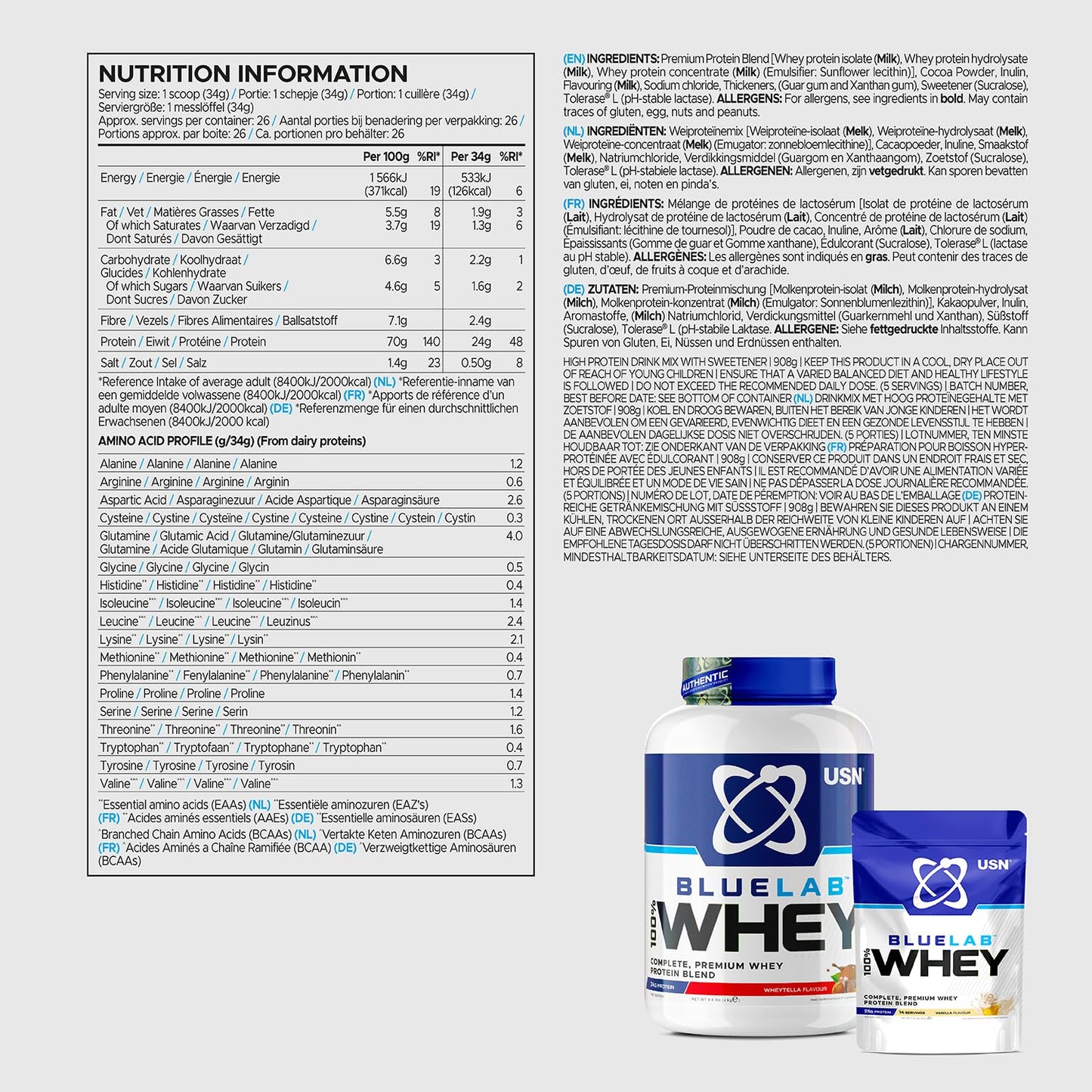 USN Blue Lab Whey Protein Powder: Wheytella - Whey Protein 908g - Post-Workout