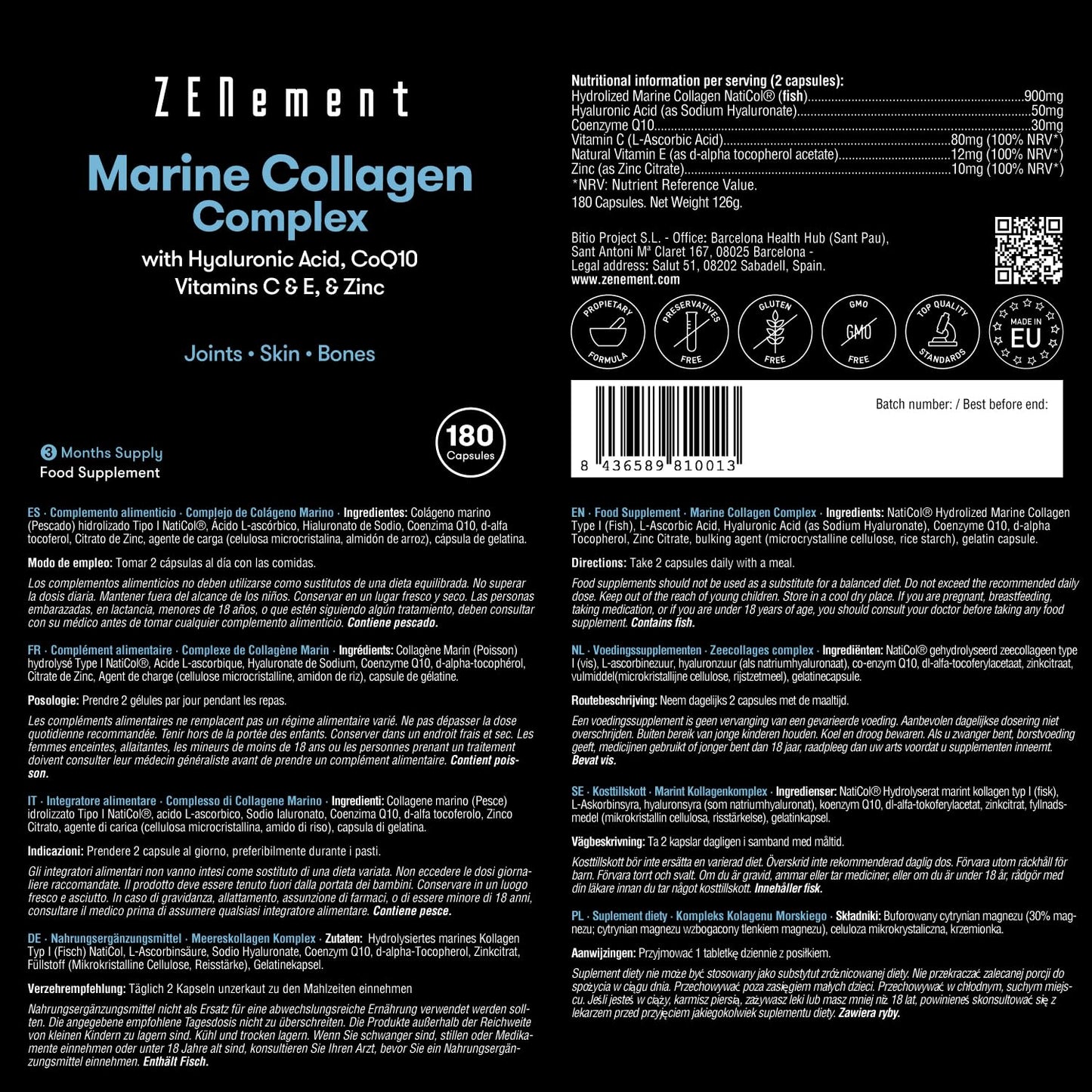 Marine Collagen Complex, with Hyaluronic Acid, CoQ10, Vitamins C & E, & Zinc, 180 Capsules