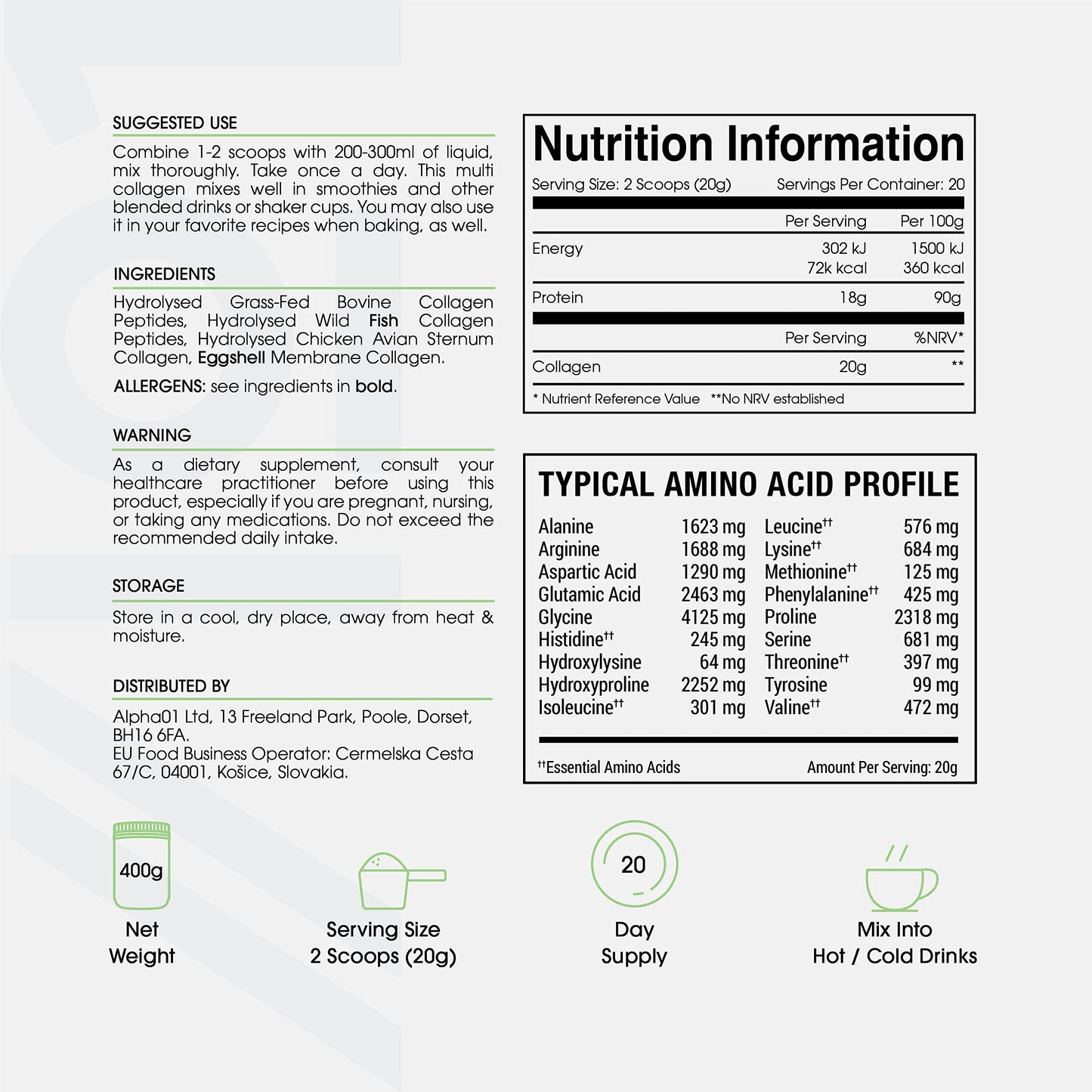 Multi Collagen Protein Powder (400g) - Types I, II, III, V & X - Hydrolyzed Grass Fed Bovine, Wild Caught Fish