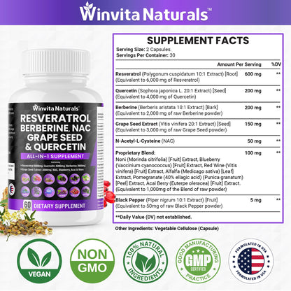 Resveratrol 6000mg Quercetin 4000mg Berberine 2000mg Grape Seed Extract 3000mg