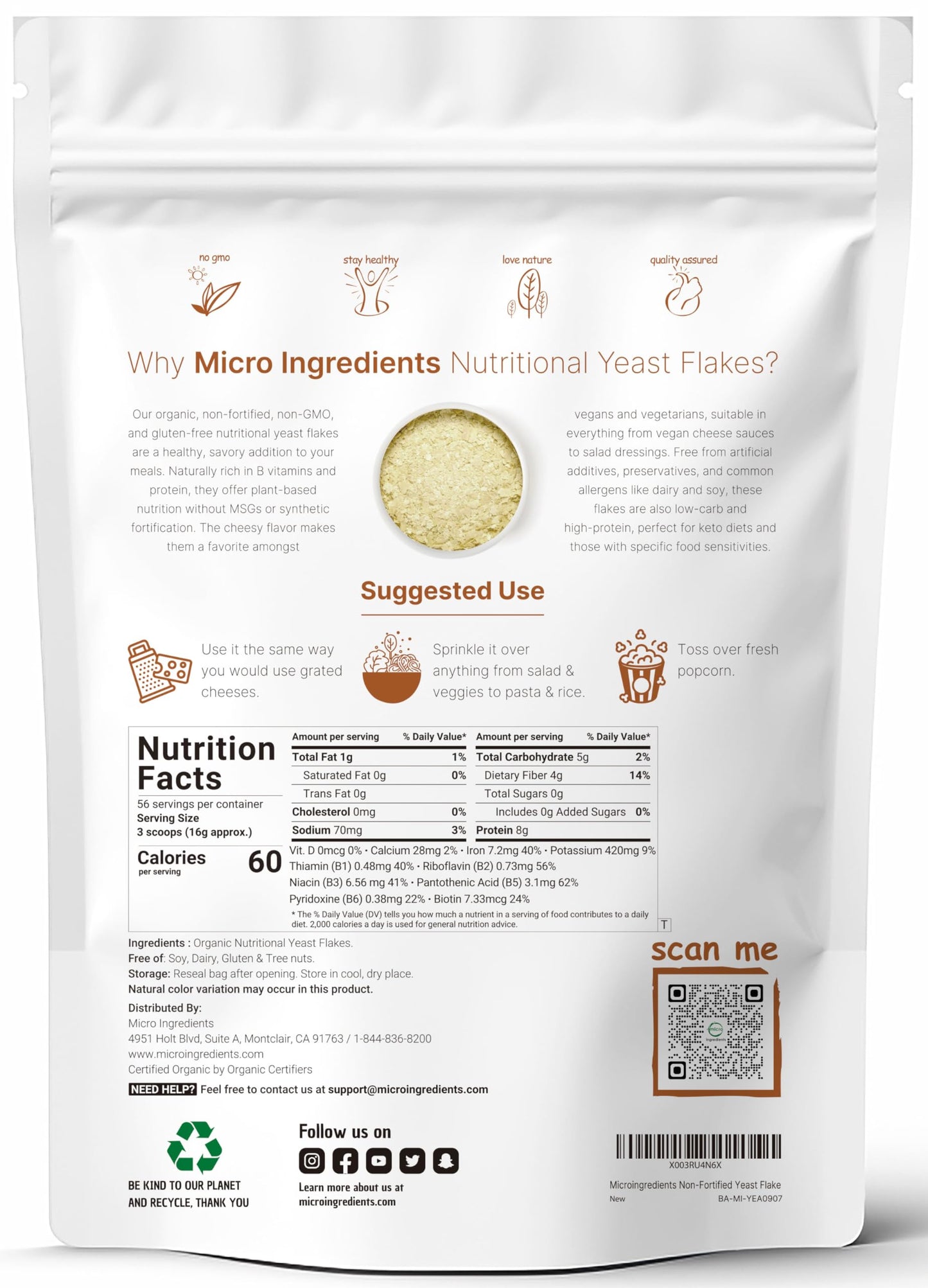 Organic Non-Fortified Nutritional Yeast Flakes, 2 Pounds (32oz) | Rich in Vegan Protein