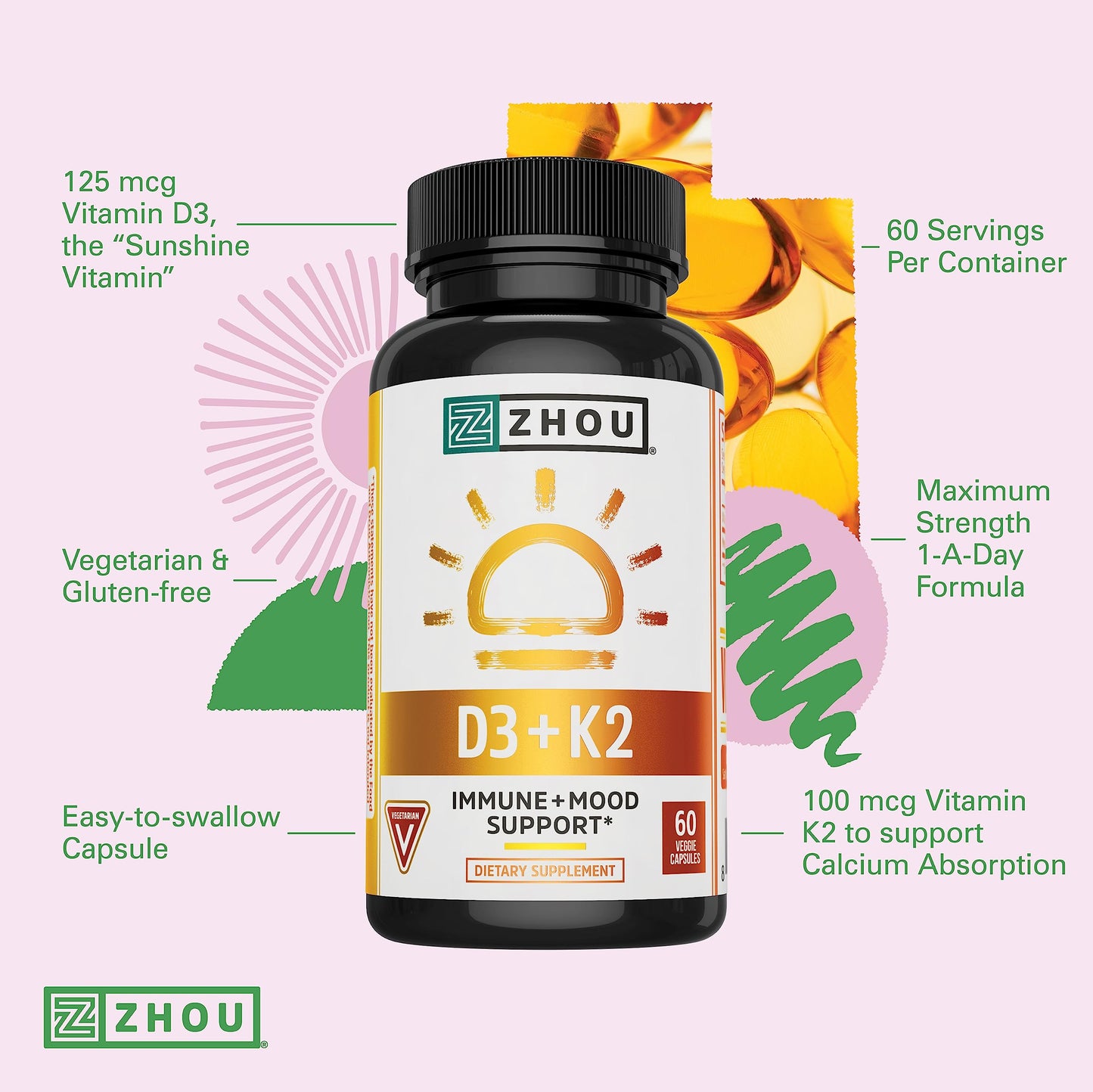 Zhou Nutrition Vitamin D3 K2, Bone and Heart Health Formula 5000 IU Vitamin D3 & 90 mcg