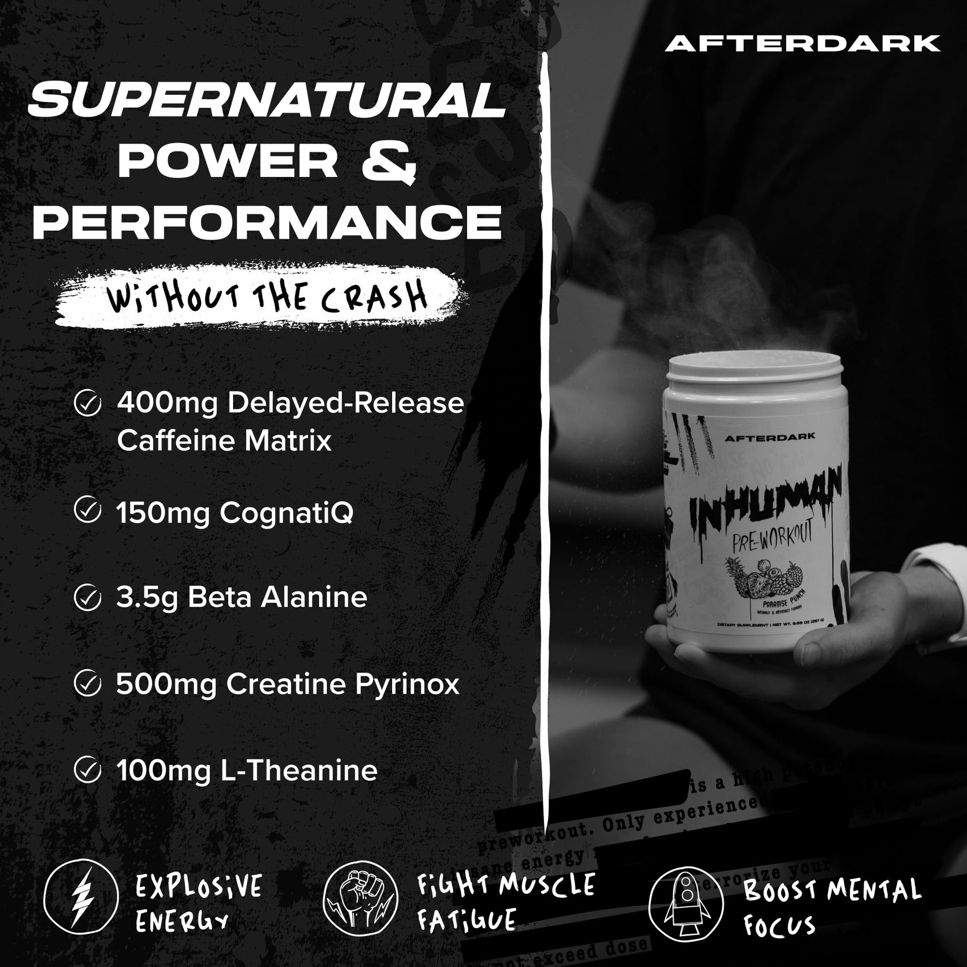 AFTERDARK INHUMAN Pre-Workout Powder, Enhanced Mind-Muscle Connection, Sustained Energy, Potent Nootropic Blend, Vegan, Gluten-Free, Soy-Free, 400mg Caffeine, No Crash, SnowCone