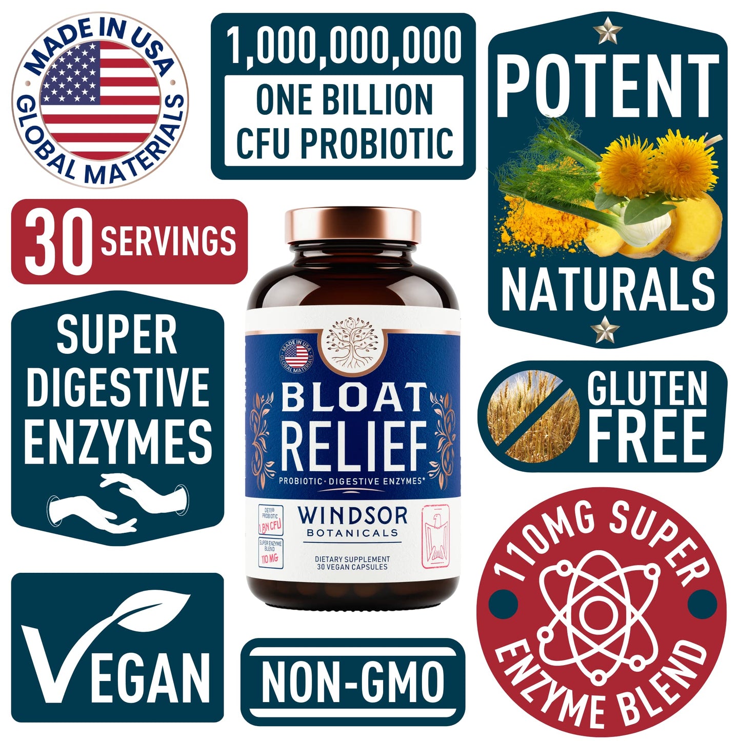 Bloat Relief Probiotic and Digestive Enzymes - Anti Bloating Turmeric, Fennel, Bromelain IBS