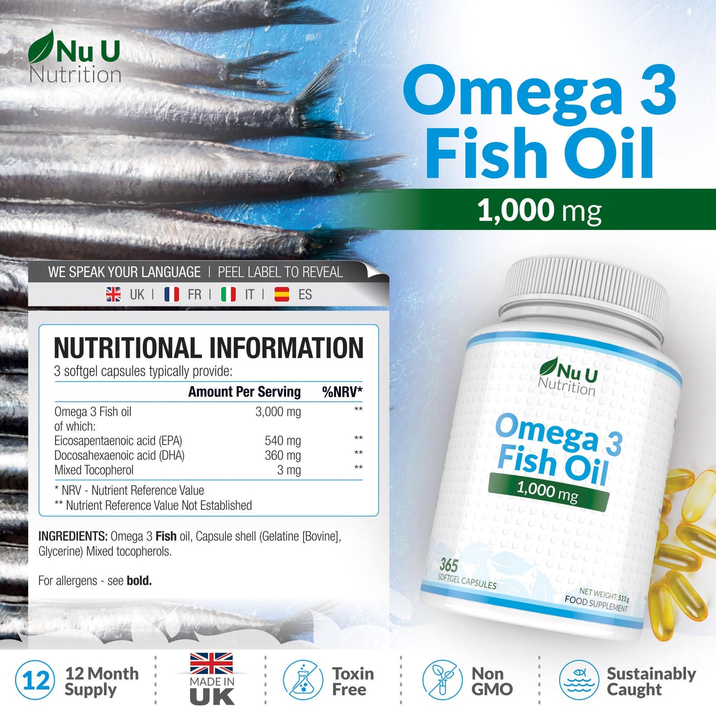 Omega 3 Fish Oil 1000mg - 365 Softgel Capsules - Up to 12 Month’s Supply - Pure Fish Oil