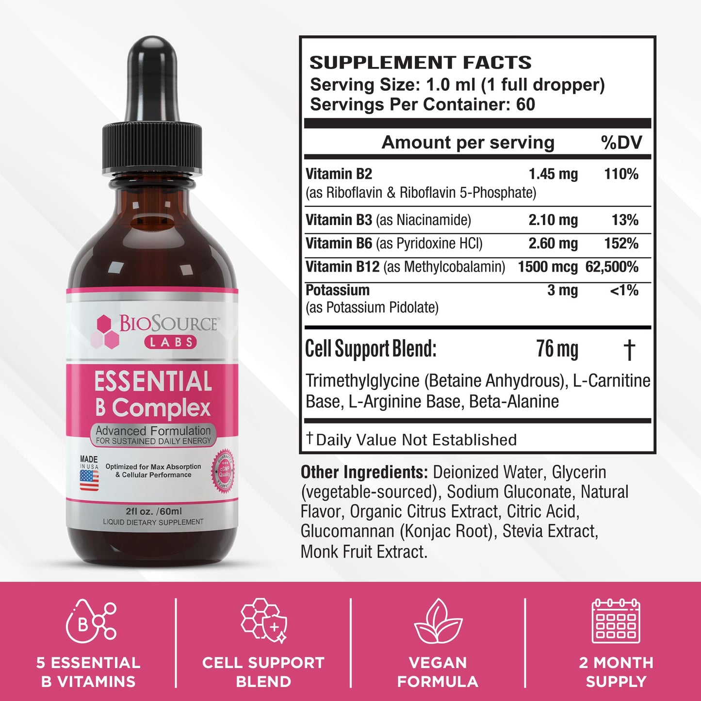 BioSource Labs Essential B Complex - Daily Vegan Vitamin B-Complex Sublingual Liquid