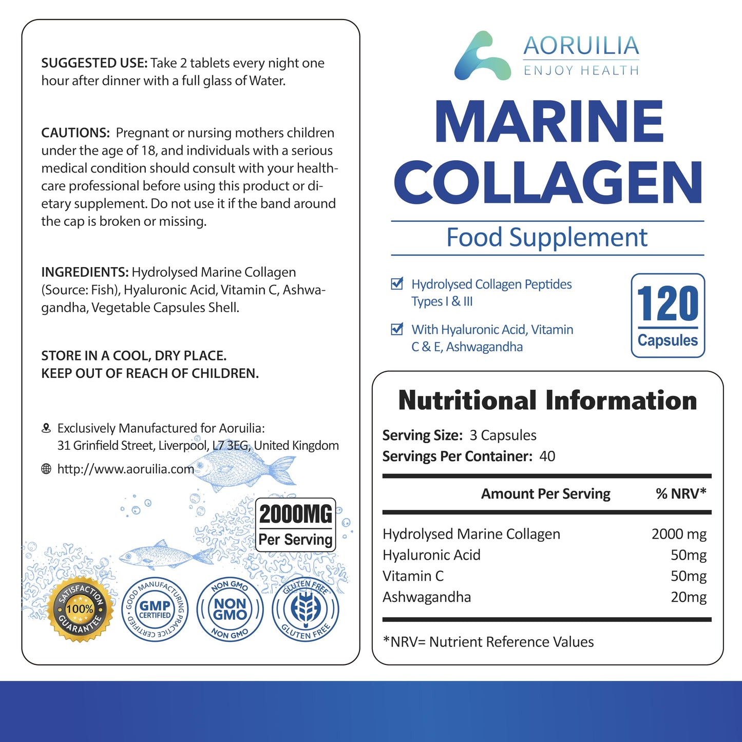 Marine Collagen Supplements for Women Men 2000mg 120 Capsules Hyaluronic Acid, Vitamin C, Vitamin E, & Ashwagandha