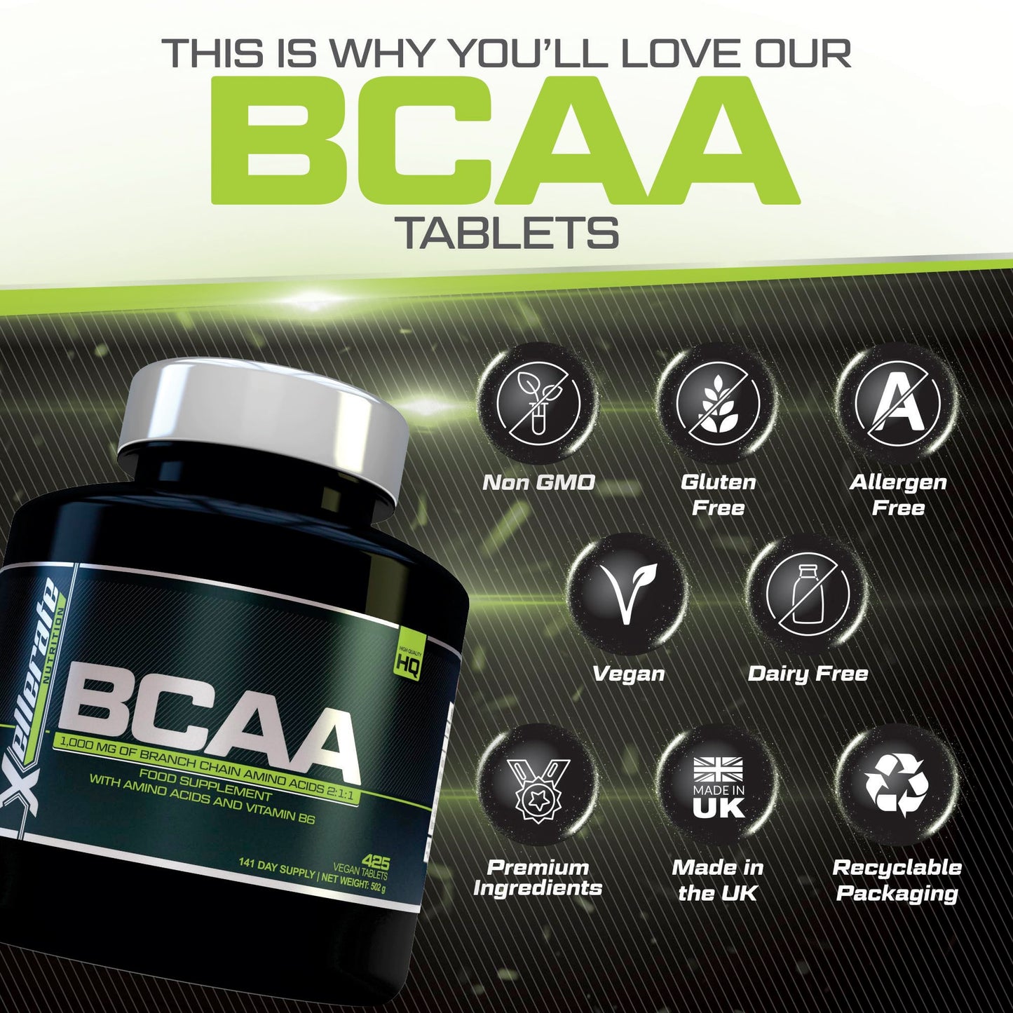 BCAA 1000mg - 425 Vegan Tablets - 3000mg Daily Serving - 141 Day Supply - 2:1:1 BCAAs