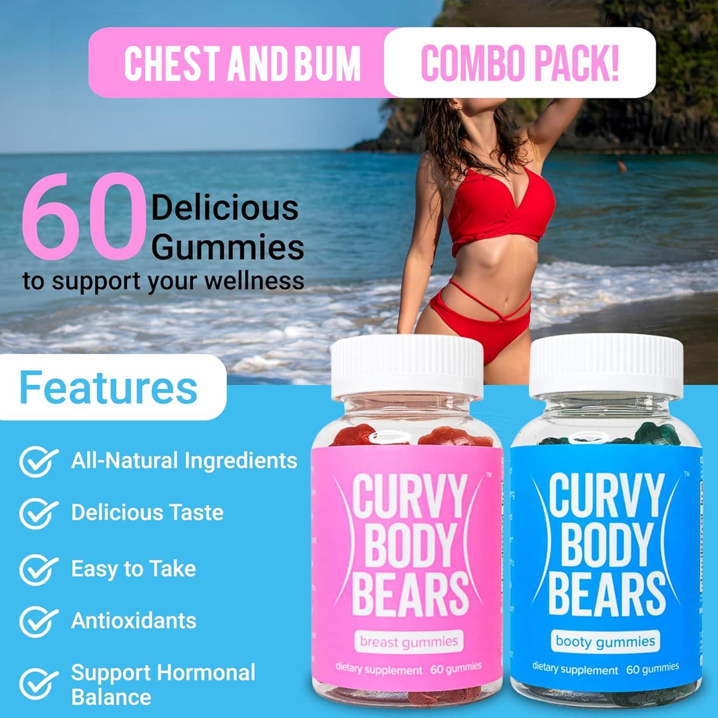 Curvy Body Bears Gummies Combo Pack - Chest and Bum Gummies - Workout Aid