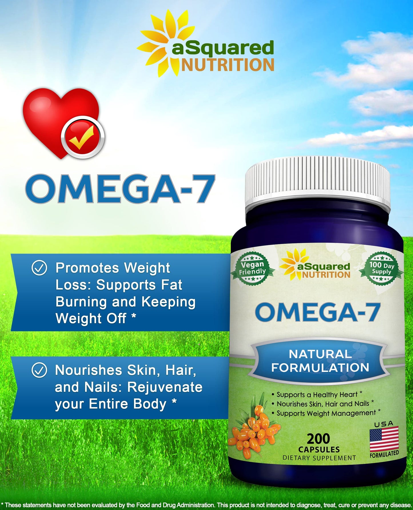 aSquared Nutrition Purified Omega 7 Fatty Acids-200 Capsules from Natural Sea Buckthorn