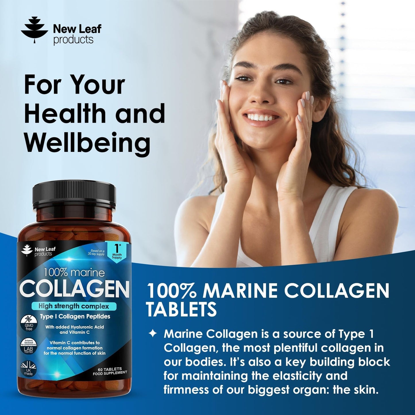 Pure Marine Collagen 100% Marine Collagen Type 1 1500mg - Hydrolysed Collagen Peptides Enhanced with Hyaluronic Acid & Vitamin C