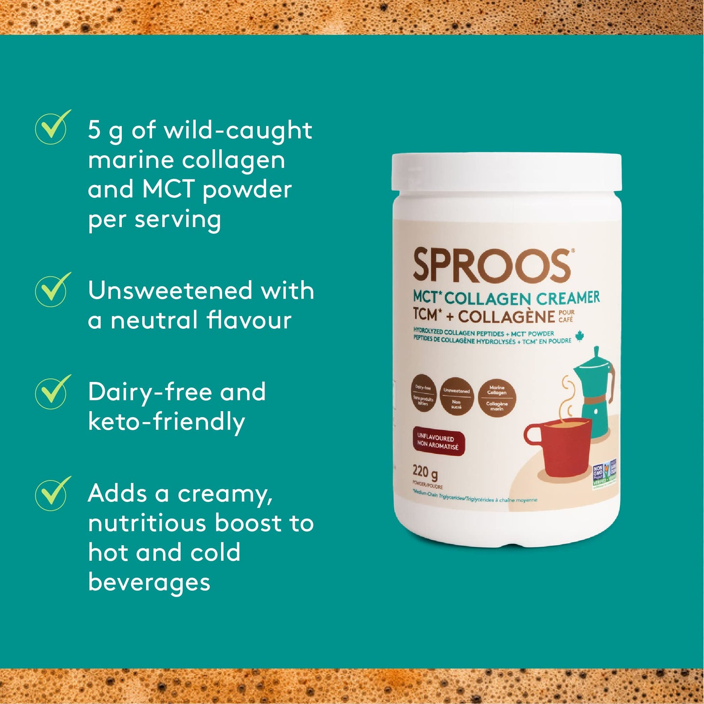 SPROOS - MCT Collagen Creamer - Beverage Powder - Hydrolised Collagen Peptides & MCT Powder - Healthy Fats