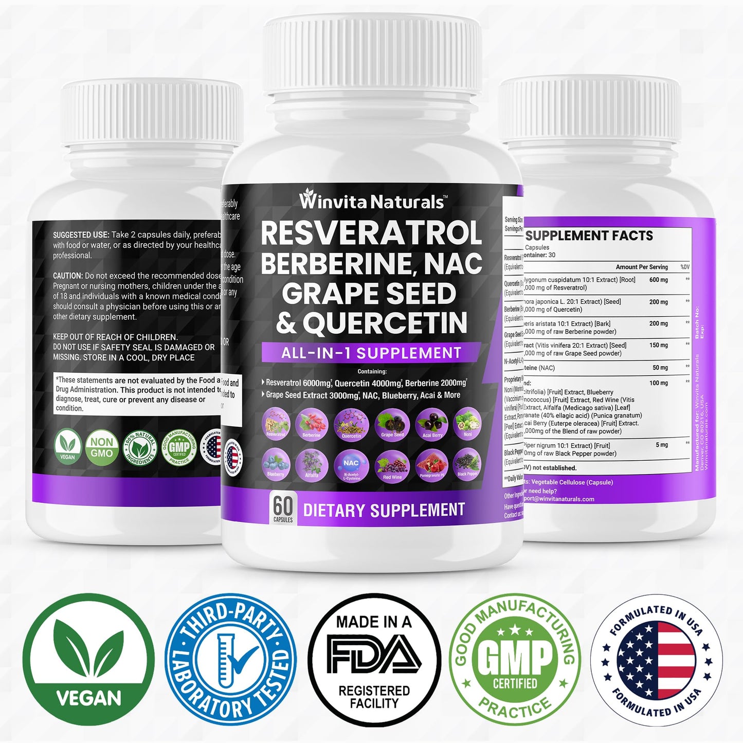 Resveratrol 6000mg Quercetin 4000mg Berberine 2000mg Grape Seed Extract 3000mg