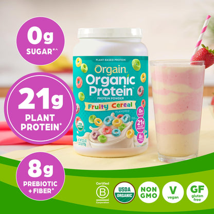 Orgain Organic Vegan Protein Powder, Fruity Cereal - 21g Plant Based Protein, Gluten Free