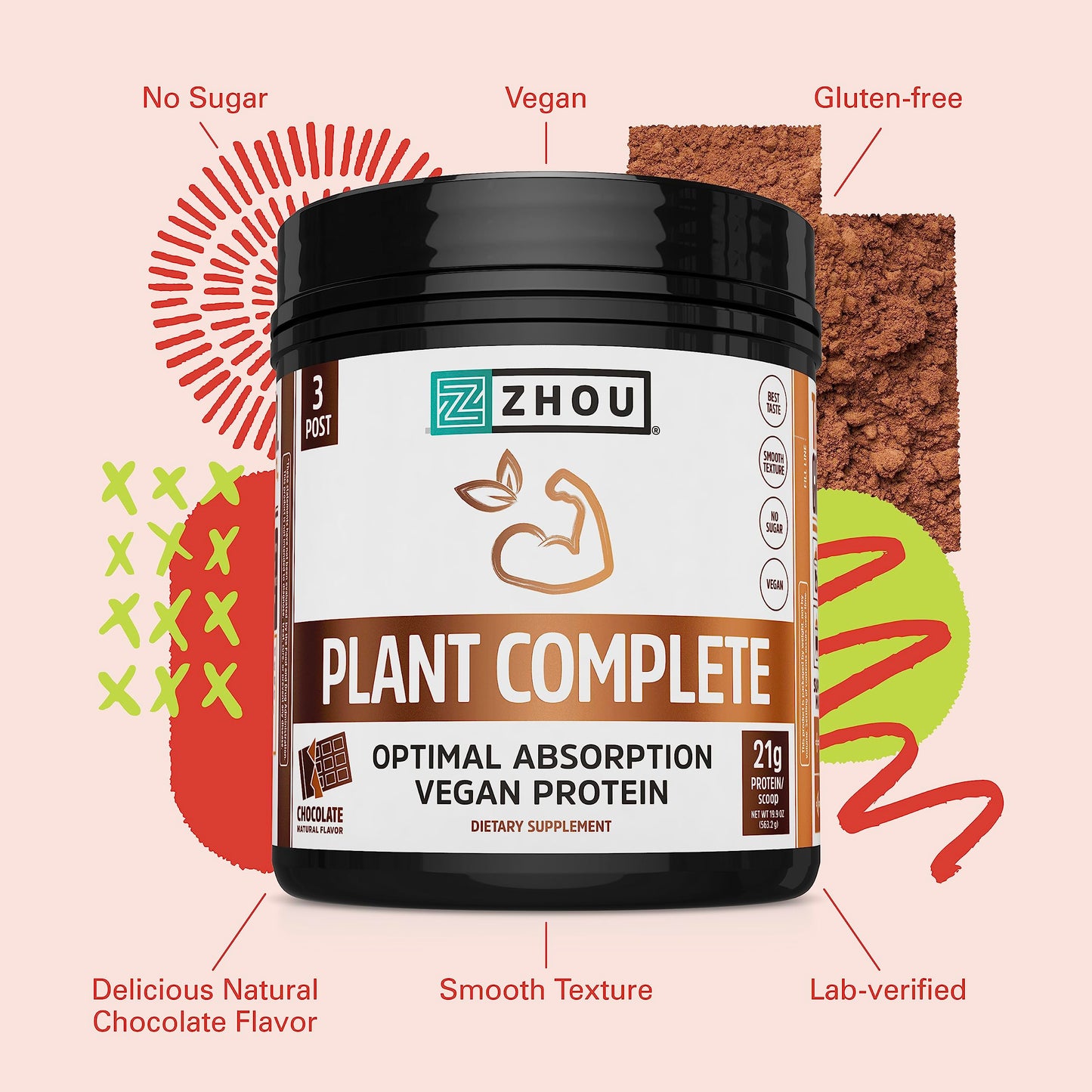 Zhou Nutrition Plant Based Vegan Protein Powder, Best Absorption Digest Score, Complete