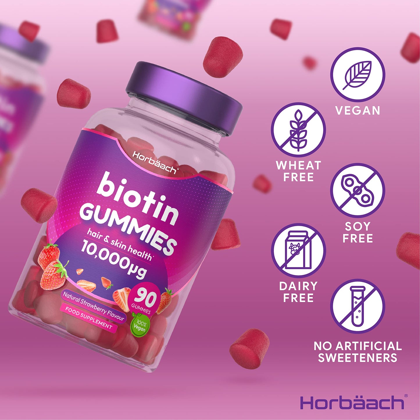 Biotin Gummies 10,000mcg | 90 Vegan Vitamins | Natural Strawberry Flavour