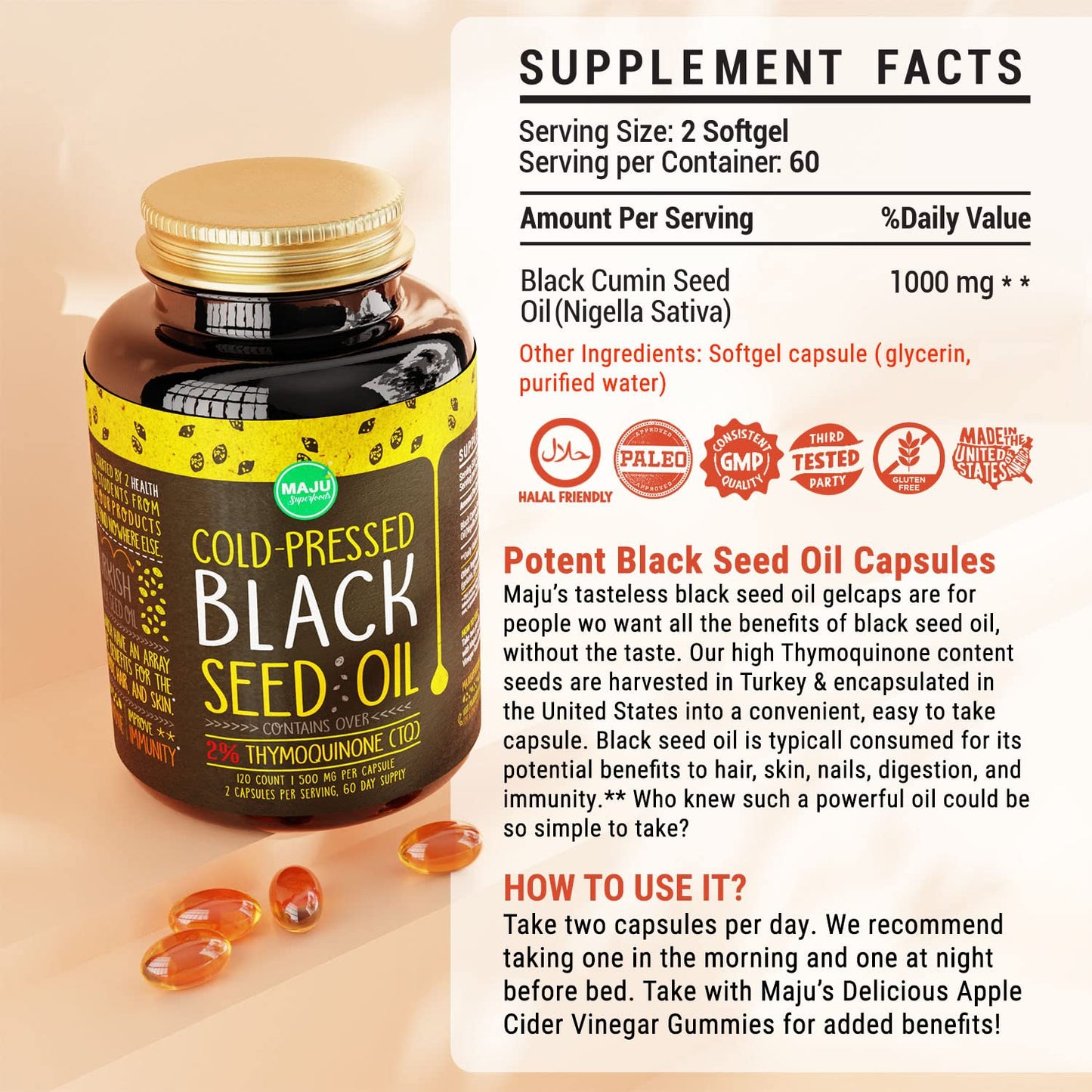 MAJU's Black Seed Oil Capsules, Strong Cold Pressed, 2% Thymoquinone, 100% Turkish