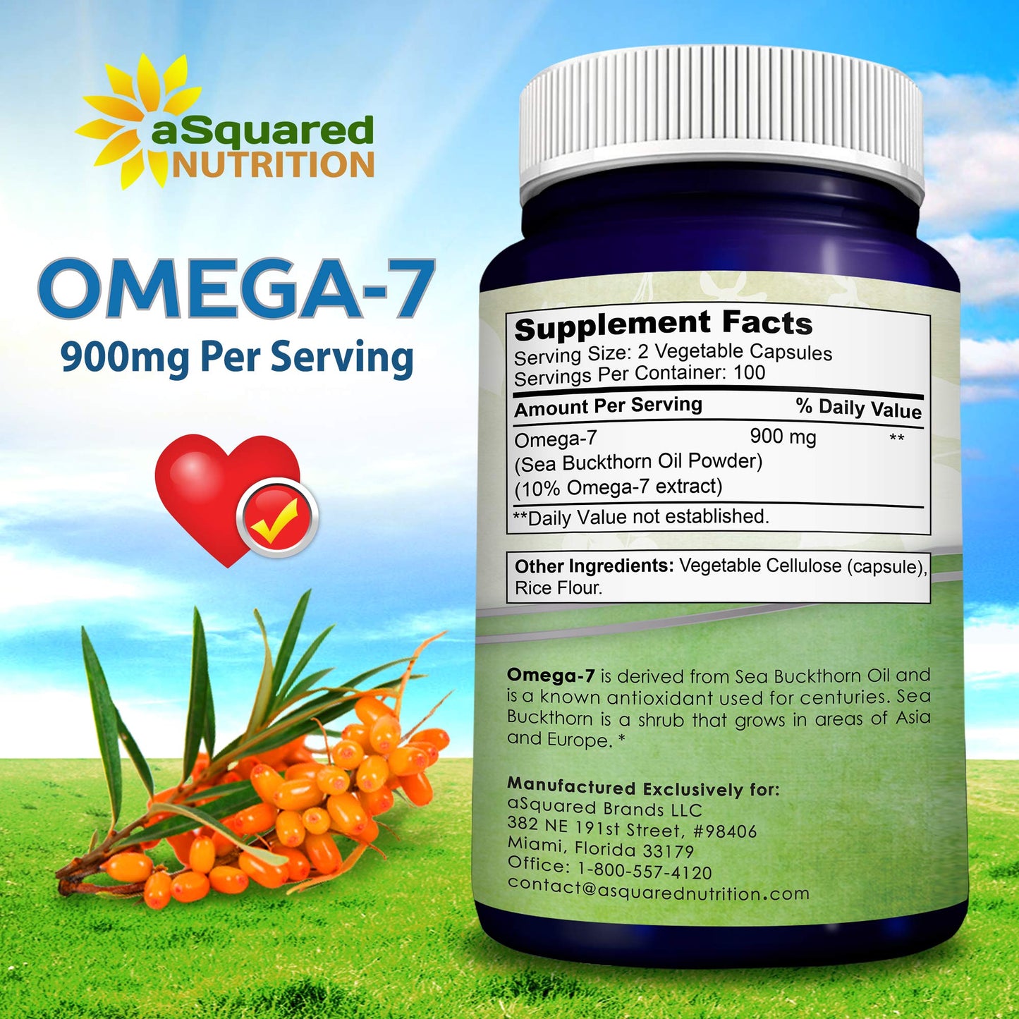 aSquared Nutrition Purified Omega 7 Fatty Acids-200 Capsules from Natural Sea Buckthorn