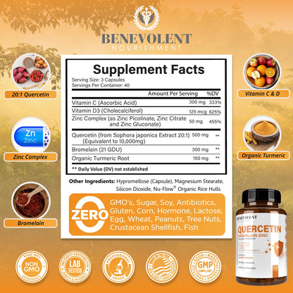 Benevolent Nourishment Quercetin with Bromelain, Zinc Complex, Vitamin C & D, Turmeric