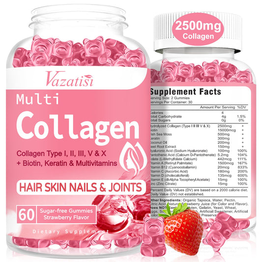 2 Pack Sugar Free Collagen Gummies for Women Men, Vegan Collagen 2500mg with Biotin