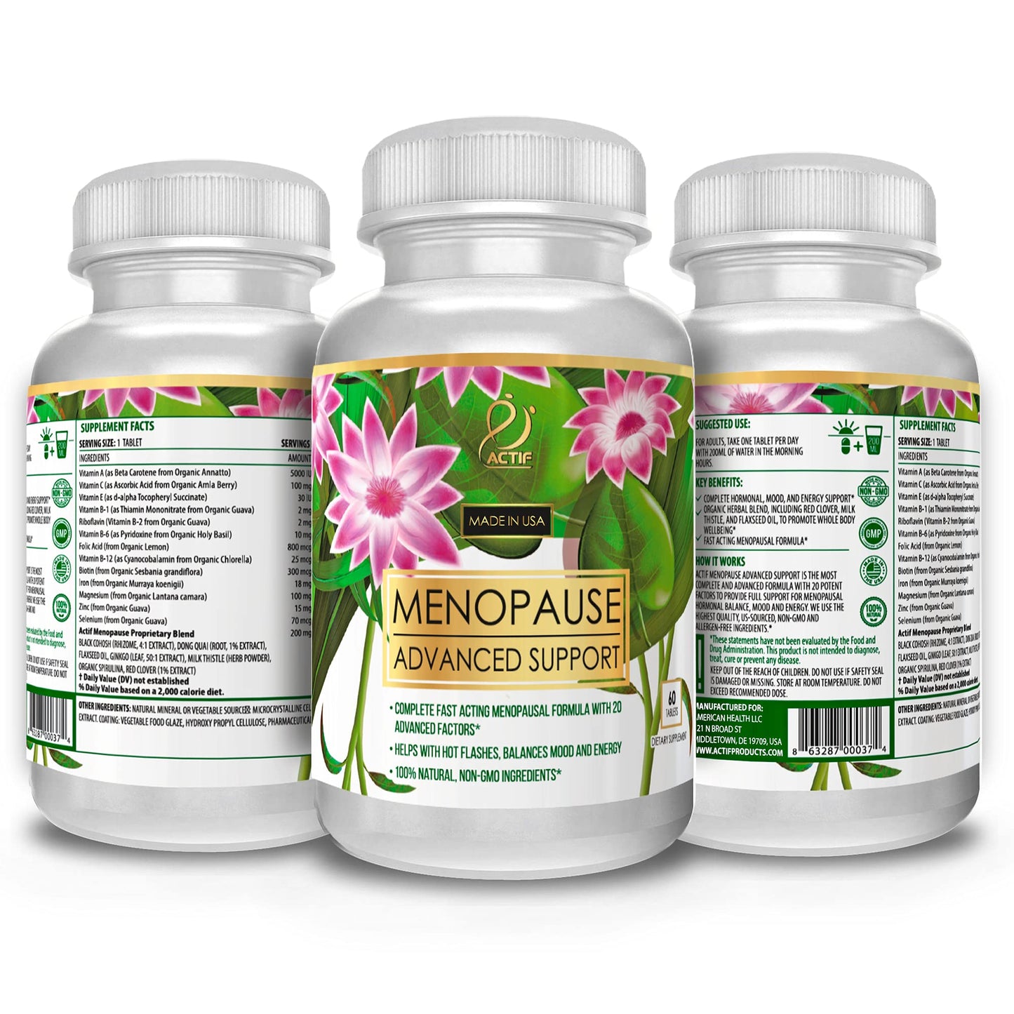 Actif Menopause Advanced Support with 20+ Organic Vitamins and Herbs - Relieves Hot Flashes, Night Sweats