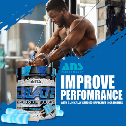 ANS Performance Dilate Pump PreWorkout Powder - Dietary Supplement - Maximizes Muscle Growth, Strength Performance - No Stims, Beta-Alanine, Creatine, Glacier Grape - 30 Servings (Blue Bombsicle)