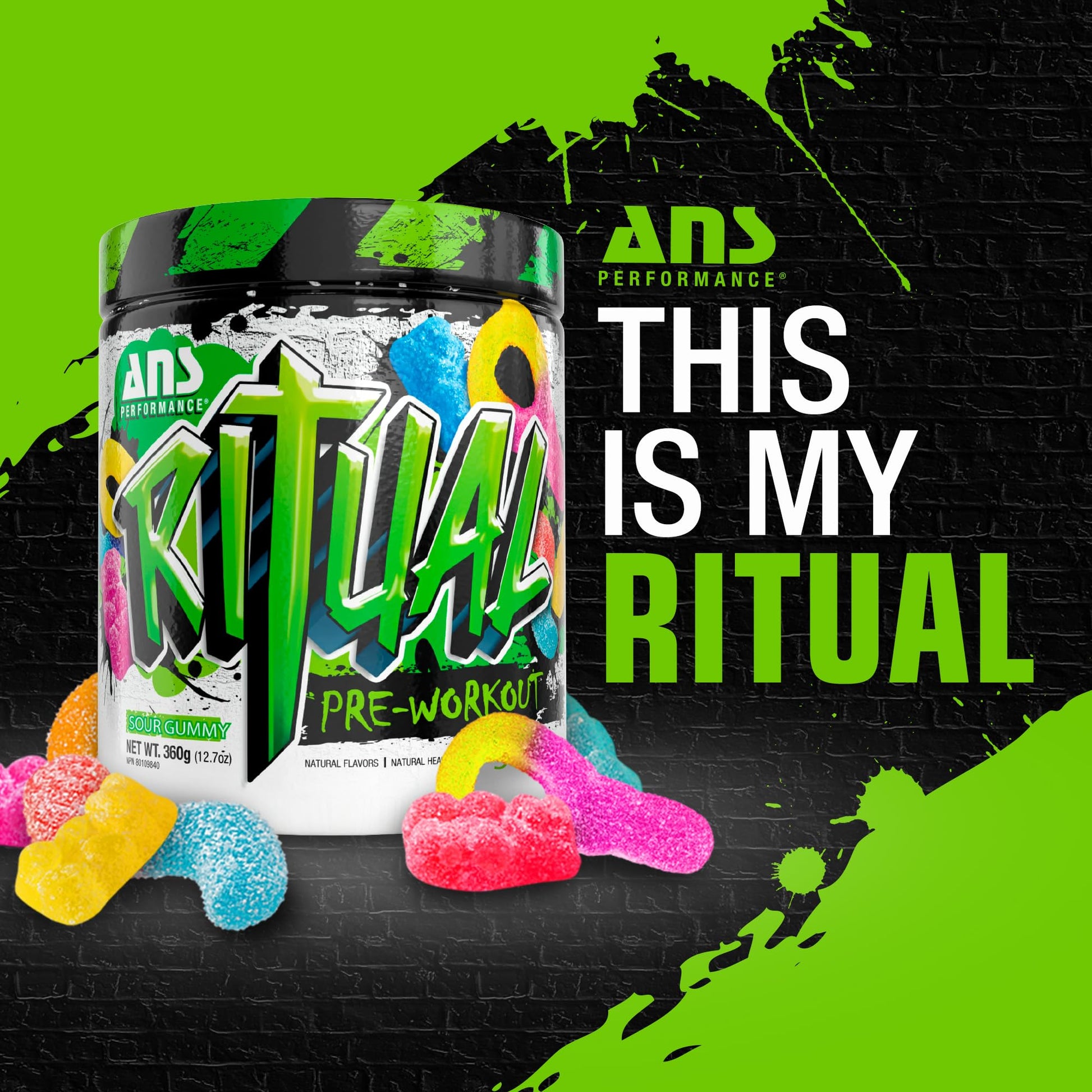 ANS Performance Ritual Pre Workout (30 Servings, 12.7 oz) - Complete Preworkout Formula - Energy, Focus, & Strength - Increase Power Output & Workout Volume - Endurance & Stamina (Sour Gummy)