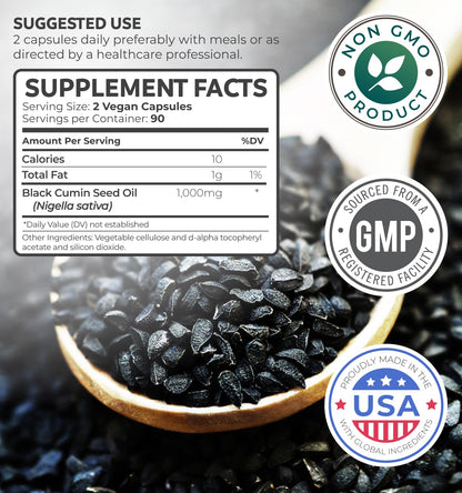 Black Seed Oil - 180 Softgel Capsules (Non-GMO & Vegan) Premium Cold-Pressed Nigella