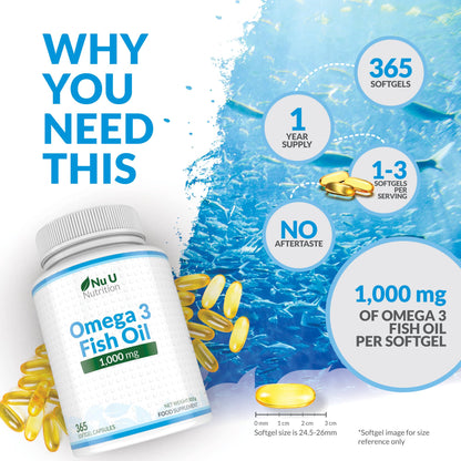 Omega 3 Fish Oil 1000mg - 365 Softgel Capsules - Up to 12 Month’s Supply - Pure Fish Oil